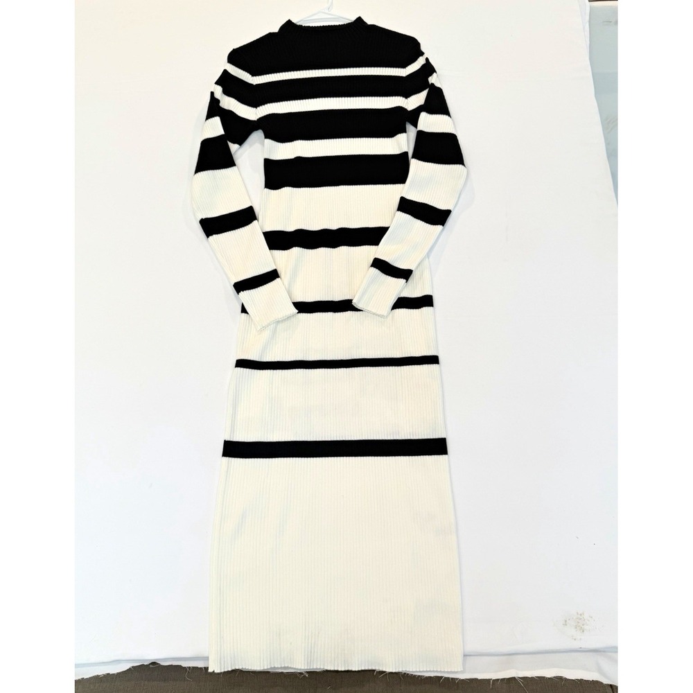 So Me Striped Knit Sweater Dress Womens Size L Black White Mock Neck Long Sleeve